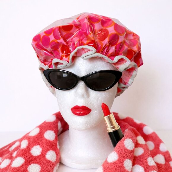 Vinyl Shower Cap Pink Polka Dot Retro 1960s VTG Pin Up Bathroom Hair Mod Glam - Picture 2 of 12